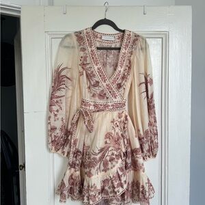 Zimmermann Floral Wrap Dress in Cream and Burgundy